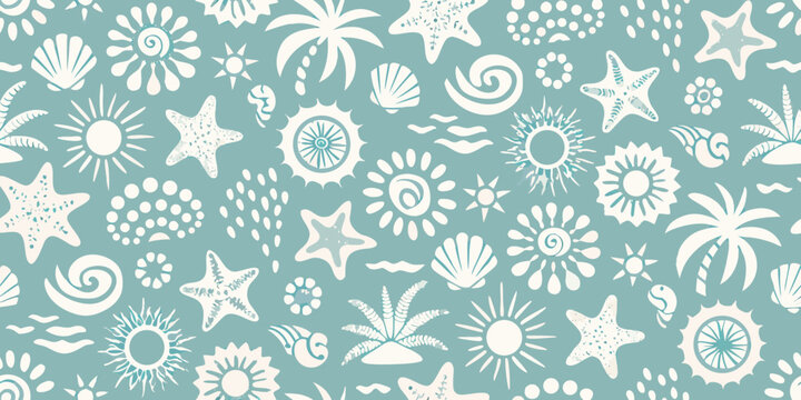 Seashell and starfish pattern on a teal colored background