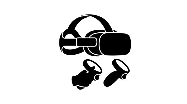Virtual Reality Headset and Controllers Icon Silhouette.