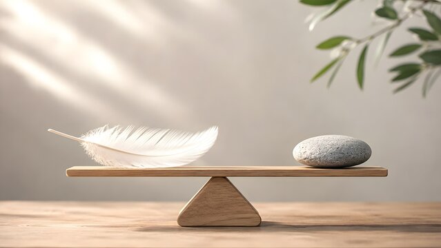 Wooden seesaw balancing a soft white feather and grey stone, symbolizing equilibrium, tranquility and peaceful harmony in warm sunlight