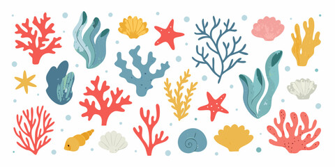 Coral Reef Elements And Marine Life Colorful Vector Illustration © Sarojit