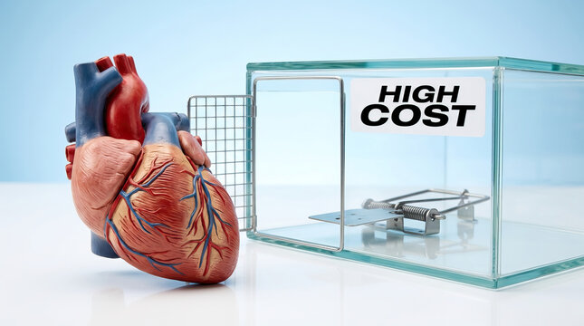 Human heart model near transparent box with high cost label and mouse trap inside, symbolizing expensive medical treatment and health risks