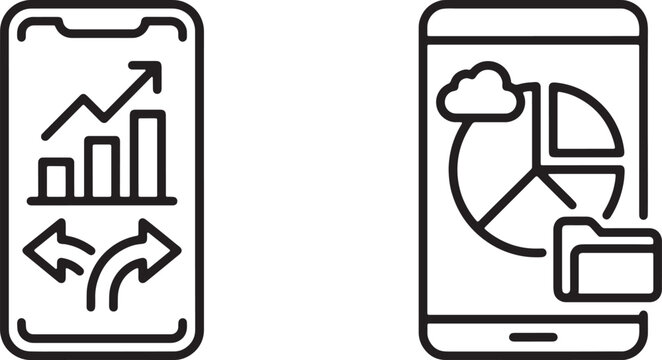 Art & Illustration,, Business intelligence app icon featuring a smartphone layout with a growth bar chart and bidirectional data distribution arrows