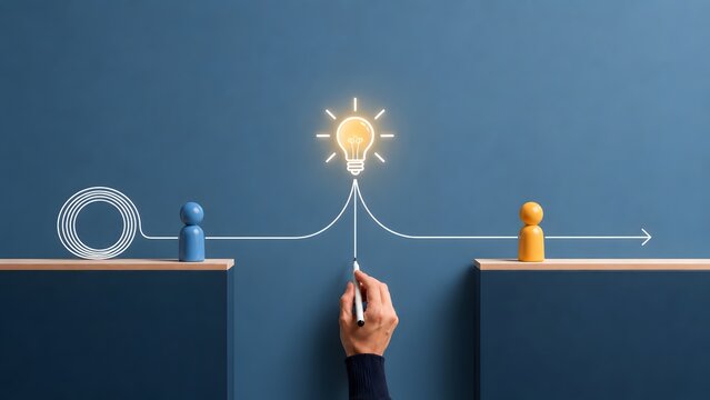 Hand drawing a path connecting two figures through a glowing lightbulb, representing innovative strategy, collaborative process and guided business direction