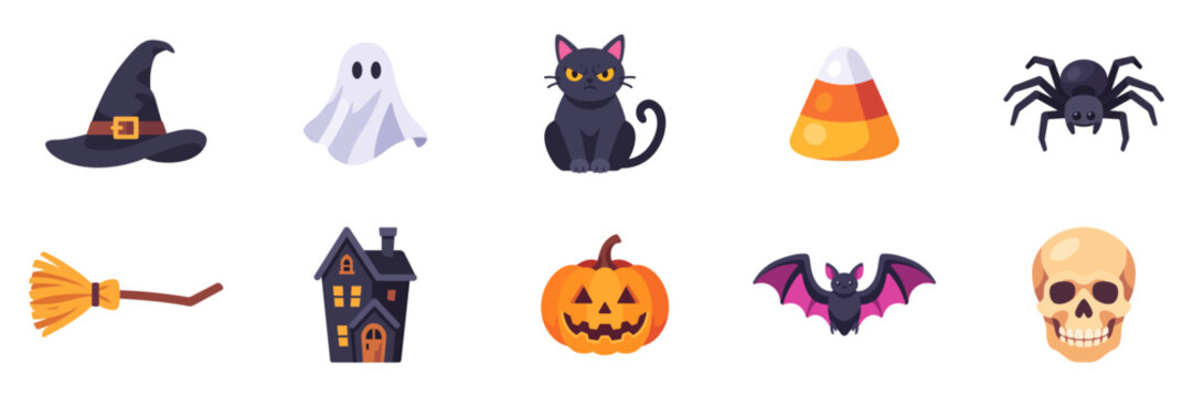 Set of Halloween spooky icons with ghost, witch hat, broom, bat, black cat, skull, spider, candy corn, haunted house, and pumpkin for party decoration, colorful collection with illustrations