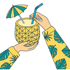 A pair of hands in tropical shirts holding a pineapple-shaped cocktail with an umbrella and straw, symbolizing summer vacation. © M4rt