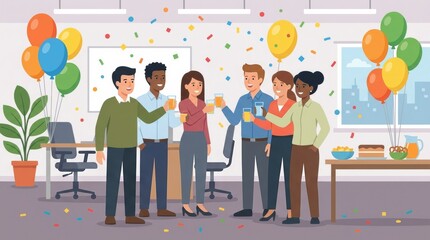 Obraz premium Flat Illustration of Office Party Celebration Scene with Balloons Confetti and Coworkers Raising Glasses in Workplace Festive Atmosphere