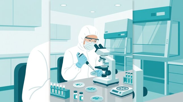 Flat Illustration of Microbiologist in Clean Room Suit Examining Samples in Sterile Lab with Pharmaceutical Setting and Bright White Environment