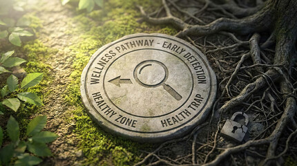 Obraz premium Wellness pathway marker health nature forest moss root stone early detection healthy zone concept with circular sign magnifying glass arrow padlock and sunlight