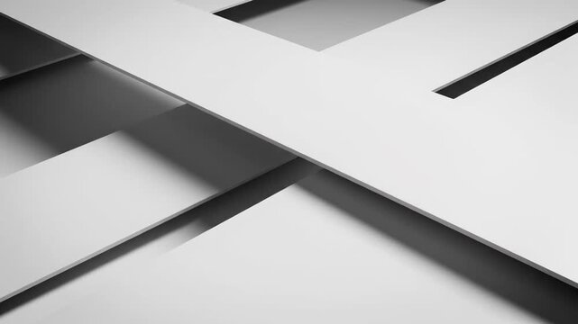 Minimalist 3D Abstract Geometry featuring overlapping white rectangular planes with soft shadows, ideal for corporate presentations and modern architectural design concepts.