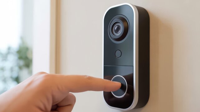 Person pressing button on smart video doorbell at home