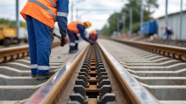 Railway workers repairing train tracks during the day