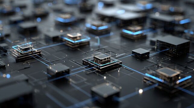 3D rendered futuristic microchip electronic circuit board with glowing blue lines illustrating advanced computer processor technology