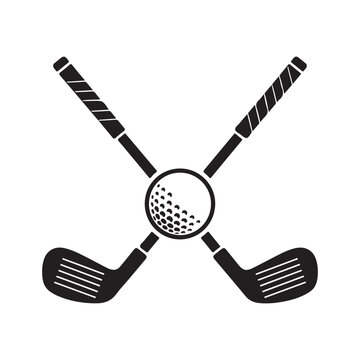 Crossed golf clubs and ball vector icon black silhouette for sports logo or tournament branding