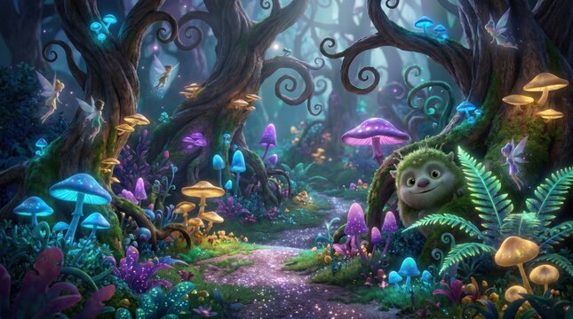 Enchanted Forest Path with Glowing Mushrooms and Whimsical Creatures