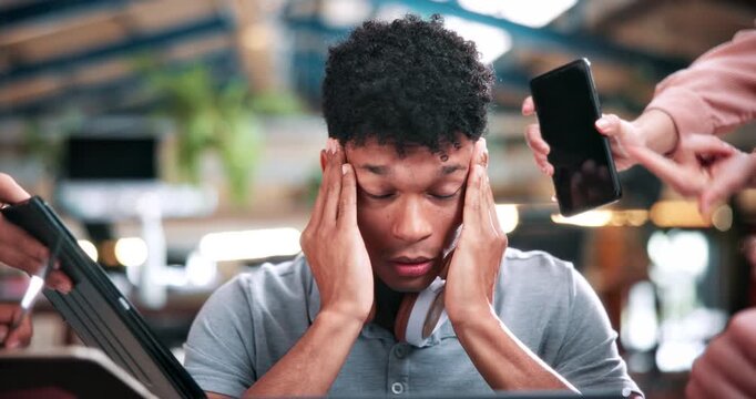 Businessman, hands or headache with stress in office for chaos, overwhelming tasks or work pressure. Overworked, man or demanding colleagues with migraine or strain for busy workplace or deadline