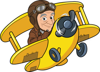 Cute senior pilot in leather helmet flying a yellow biplane airplane, funny elderly aviator character cartoon © ahmad