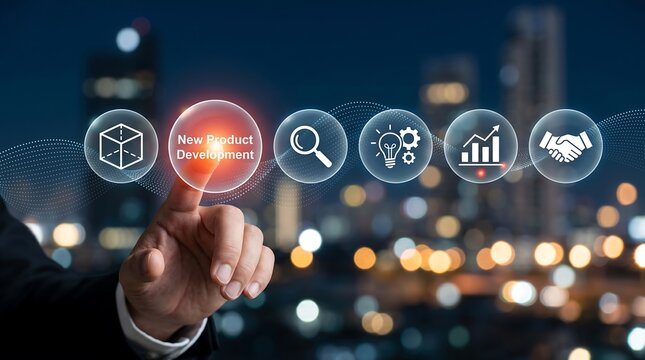 New Product Development Process: Strategic business innovation visualized on futuristic holographic interface, depicting digital transformation and future enterprise growth planning.