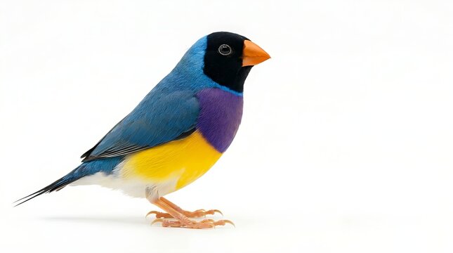 A stunningly colorful exotic finch with a black head rests on a textured tree branch against white.