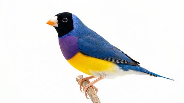 A vibrant Gouldian finch with colorful plumage perches on a wooden branch against an isolated white background.