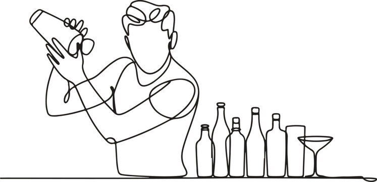 Continuous line drawing of bartender shaking cocktail with bottles on counter