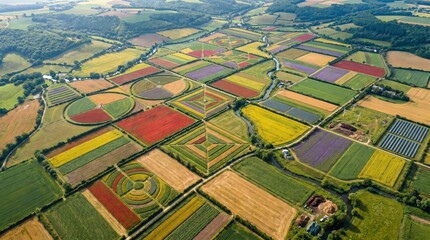 Fototapeta premium Aerial view of vibrant geometric farmland patterns in rural countryside landscape