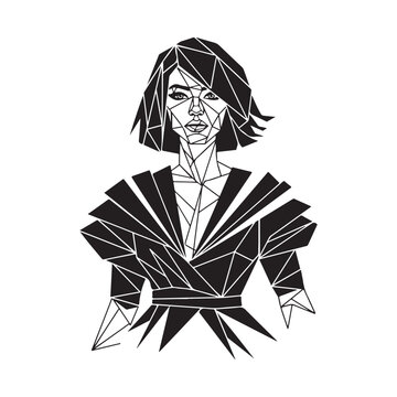 Geometric low poly woman portrait vector illustration with minimalist black and white female bust and sharp angular lines