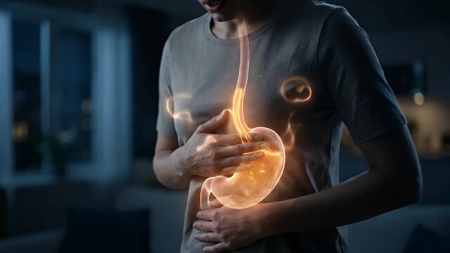 Woman suffering from acid reflux with glowing digestive system