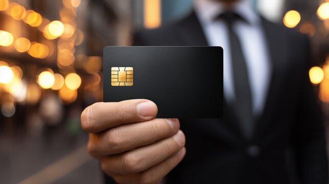 A man in a suit holds a black credit card in front of a blurred city background with lights. The scene conveys themes of finance and modern lifestyle.