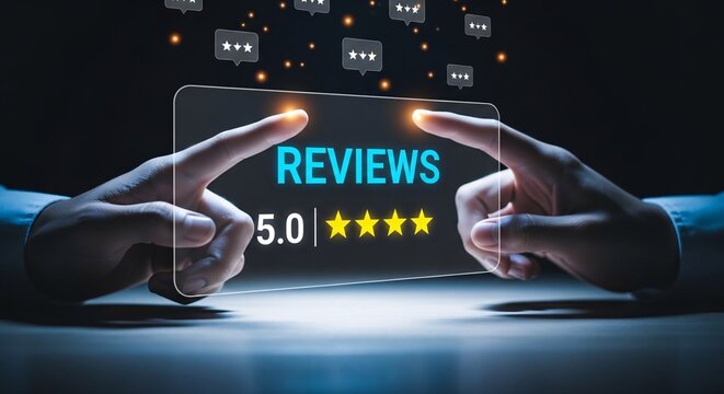 Digital review and star rating concept with hands holding a transparent smartphone screen displaying five star reviews and five star rating for online feedback analysis
