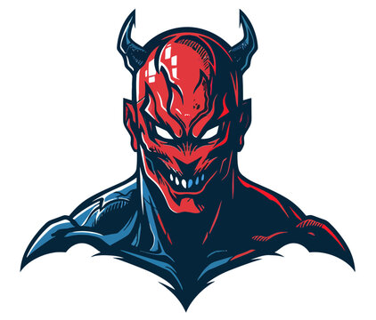 Aggressive red devil head vector illustration featuring sharp horns and a menacing grin for sports team logo branding design projects