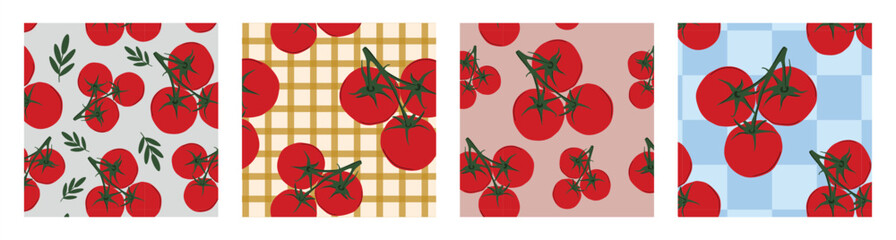 Set of seamless tomato patterns featuring fresh red tomatoes on branches with green leaves for textile printing and wrapping paper applications © Viktoriia