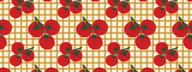 Seamless pattern of ripe red tomatoes on vine on a plaid check gingham surface for fabric textile printing kitchen wallpaper decoration and gift wrapping paper © Viktoriia