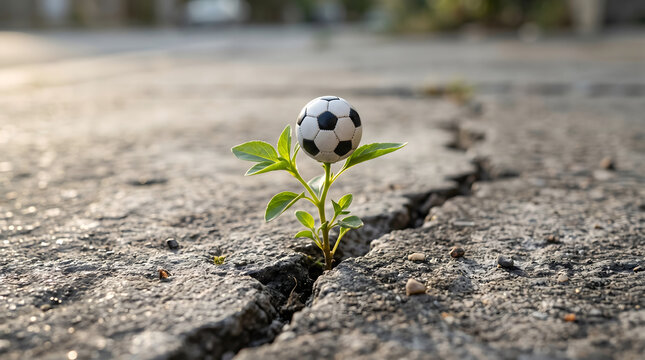 Hope Sprouts Through Concrete: A tiny plant with a miniature soccer ball on its top breaks through a crack in the concrete, symbolizing resilience and the power of growth in unexpected places.