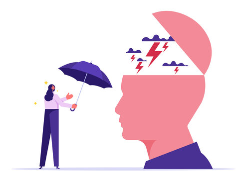Sad feeling of depression concept, bad mood, anger and stress, need help psychologist, human head with rain and lightning above with woman sent umbrella to protect, mental problems
