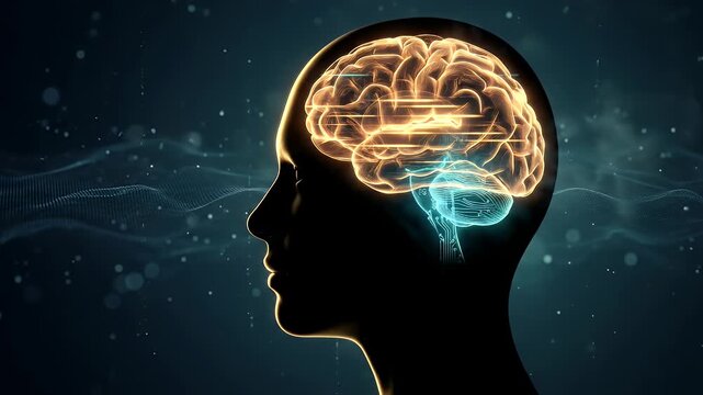 Glowing digital brain inside human head for ai and mind technology