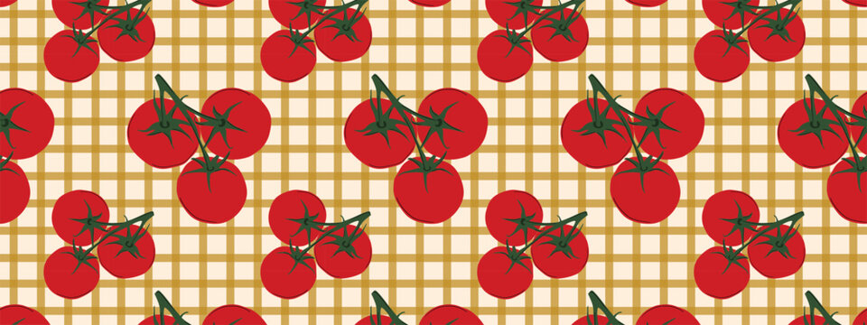 Seamless pattern of ripe red tomatoes on vine on a plaid check gingham surface for fabric textile printing kitchen wallpaper decoration and gift wrapping paper