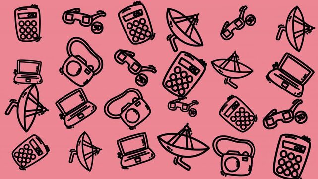 Black outlines depict gadgets and tech accessories scattered across a transparent grid. Laptops, cameras, phones, and satellite dishes appear in playful, hand-drawn style