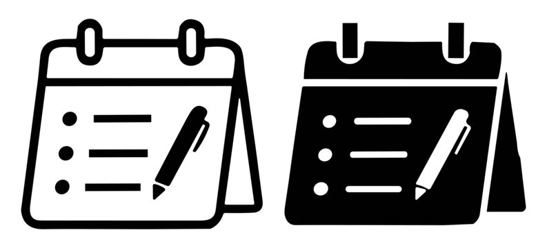 Editable checklist pad icon set with pen in black and white styles for planning and note taking on transparent background