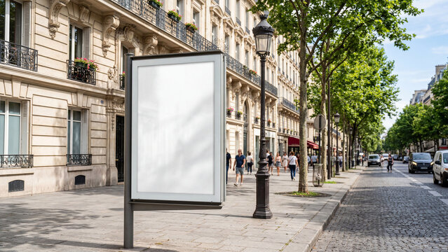 Blank vertical billboard mockup on a sunny city street sidewalk with classic Parisian architecture