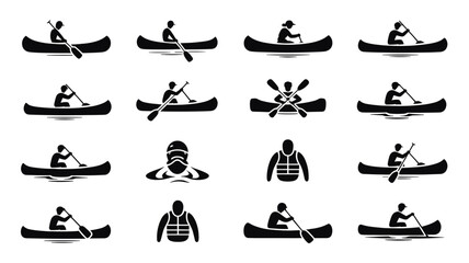 Set of 16 Black and White Canoe and Kayak Flat Vector Icons © MstAfroza