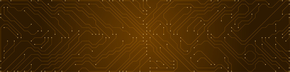 Obraz premium Abstract digital circuit board pattern with orange lines and white dots on a dark brown gradient background