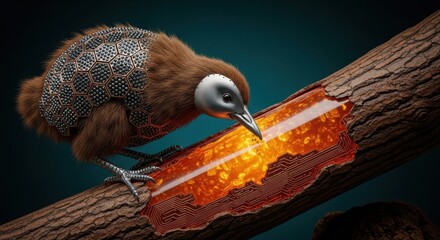 Chainmail bird, kiwi on branch, honeycomb, golden nectar