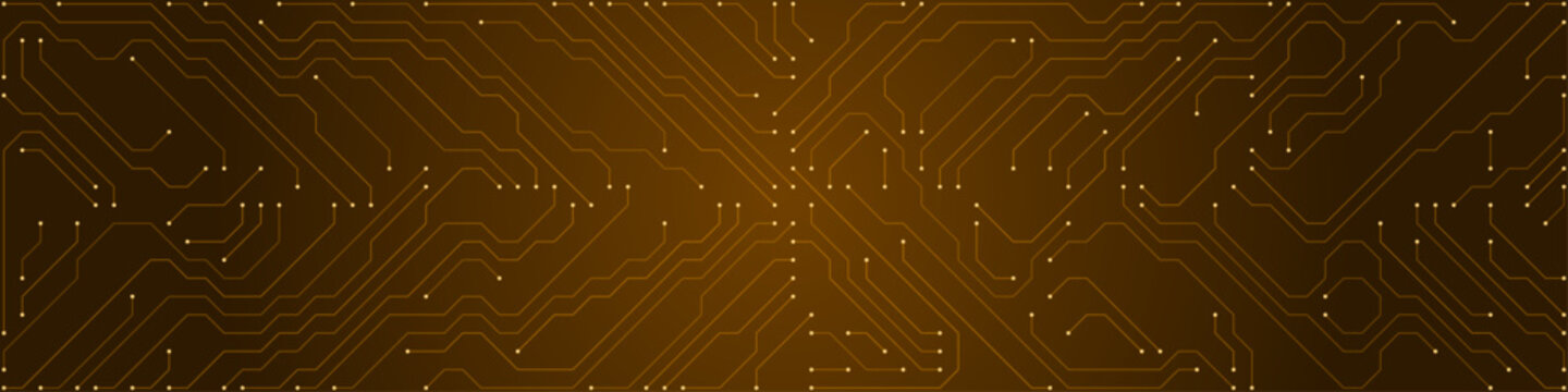 Abstract digital circuit board pattern with orange lines and white dots on a dark brown gradient background