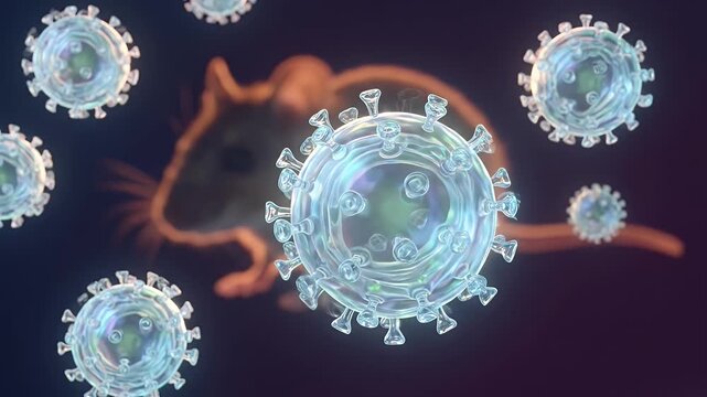 Zoonotic virus particles floating over a brown rat in 3d animation