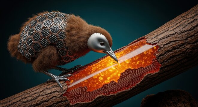 Chainmail bird, kiwi on branch, honeycomb, golden nectar