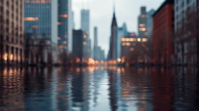 A blurred cityscape with glowing lights reflects beautifully on a calm water surface during twilight.