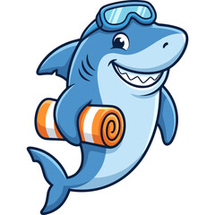 Obraz premium A smiling shark wearing goggles swims with a rolled-up towel.