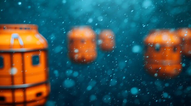 Orange underwater diving bells floating in blue water with particles drifting around.