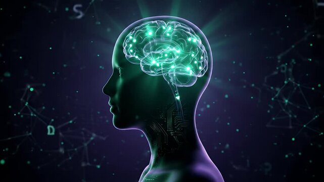 Human mind animation with glowing neural network and ai technology