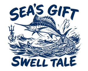 Vintage nautical fishing illustration. Marlin jumping over fisherman boat. Sea's gift swell tale retro graphic. Sport fishing ocean adventure. © DandiPdn